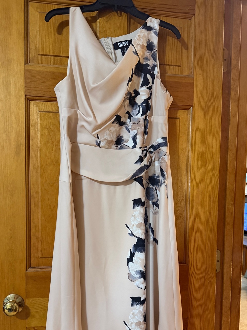 DKNY One-Shoulder Beige Midi Dress with Black and Cream Floral Accent